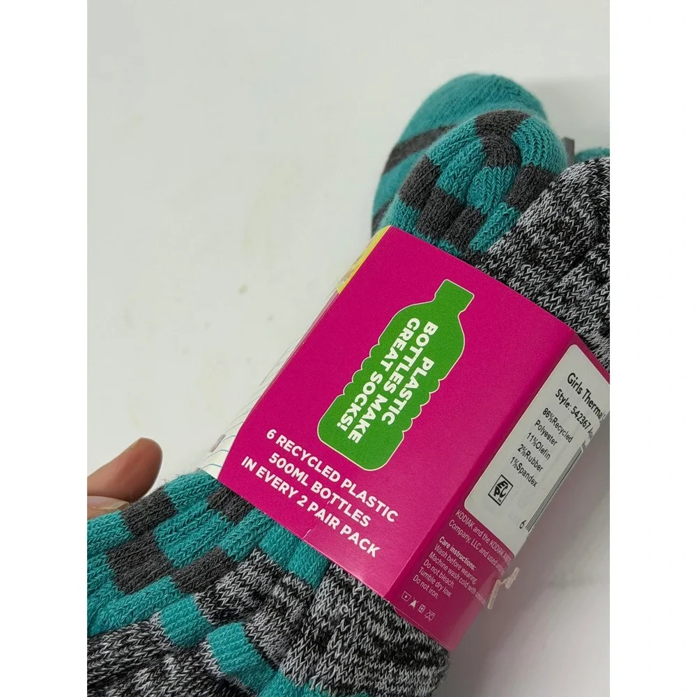 Kodiak Thermal Socks Aqua Grey Striped 2-Pack Girls Medium Brushed NWT Cozy Soft